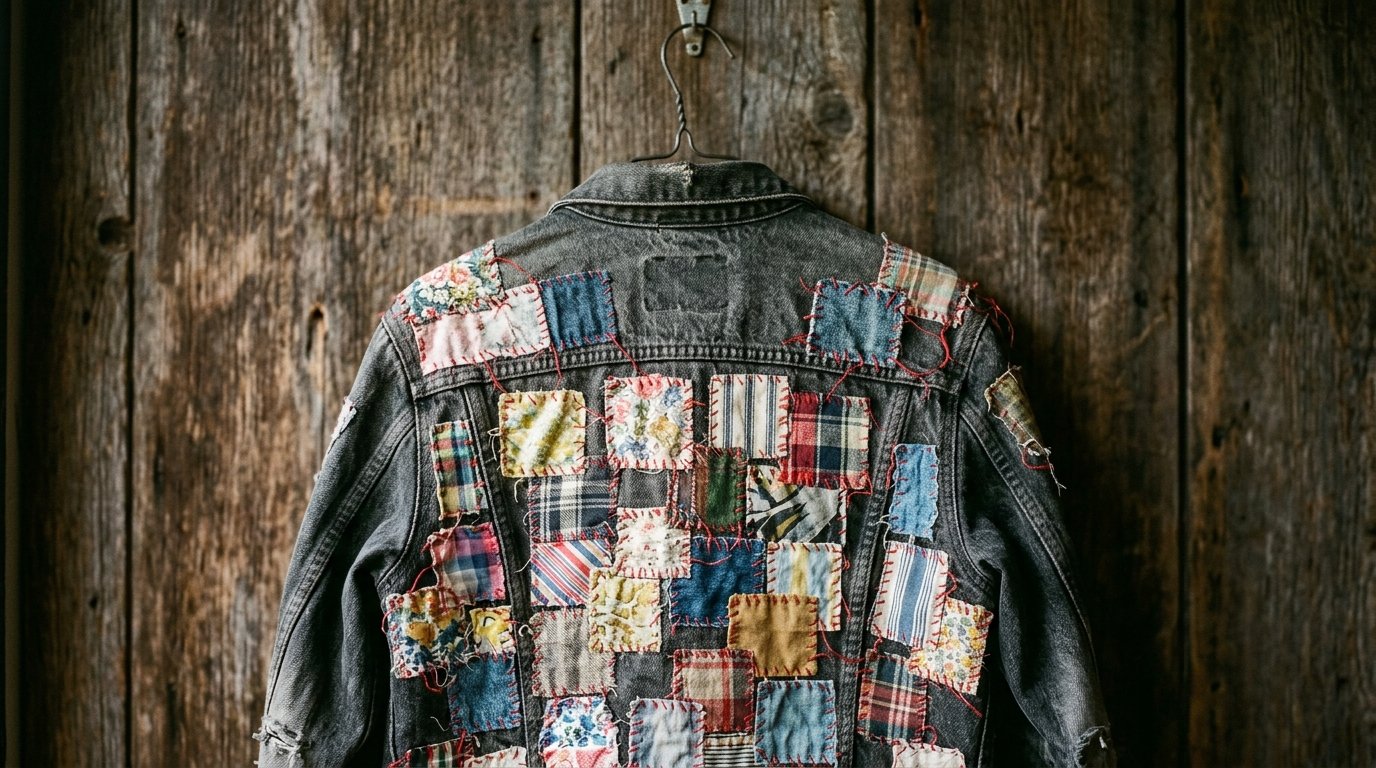 Back view of a distressed dark denim jacket featuring various colorful fabric squares sewn on with red thread.