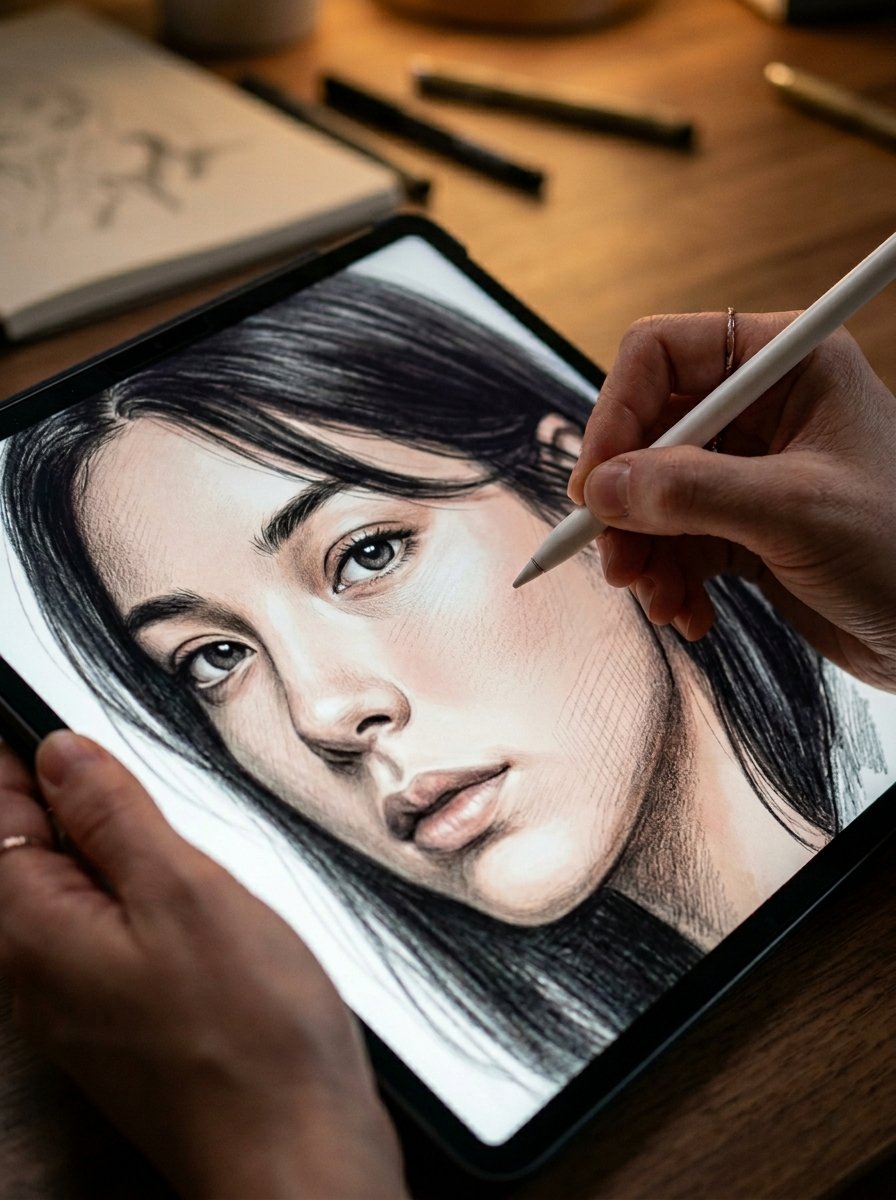 Close-up of a person using a stylus to draw a detailed portrait of a woman on a digital screen.