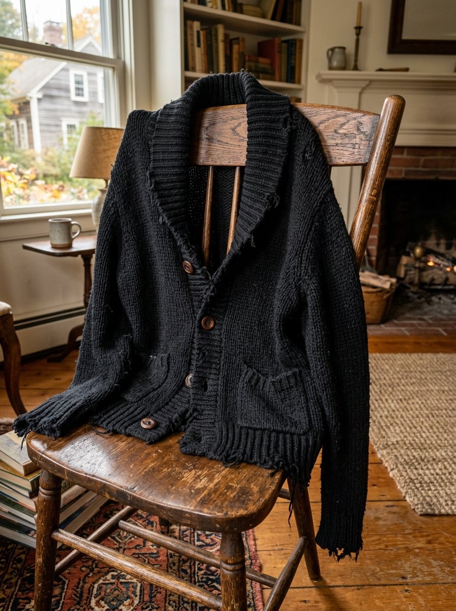 Distressed black wool sweater with buttons hanging on an antique wooden kitchen chair in a warm living room.