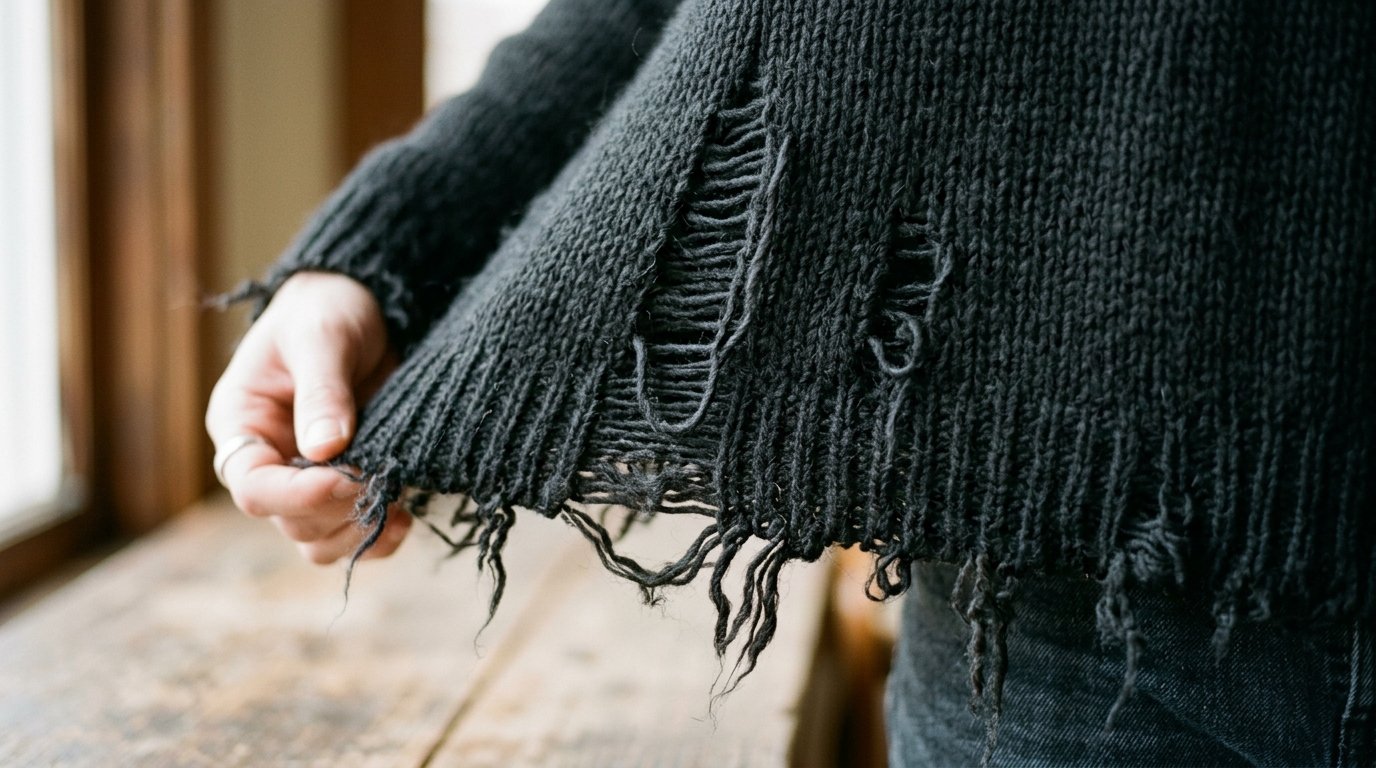 Close-up of a person holding the textured hem of a damaged black knitted pullover.