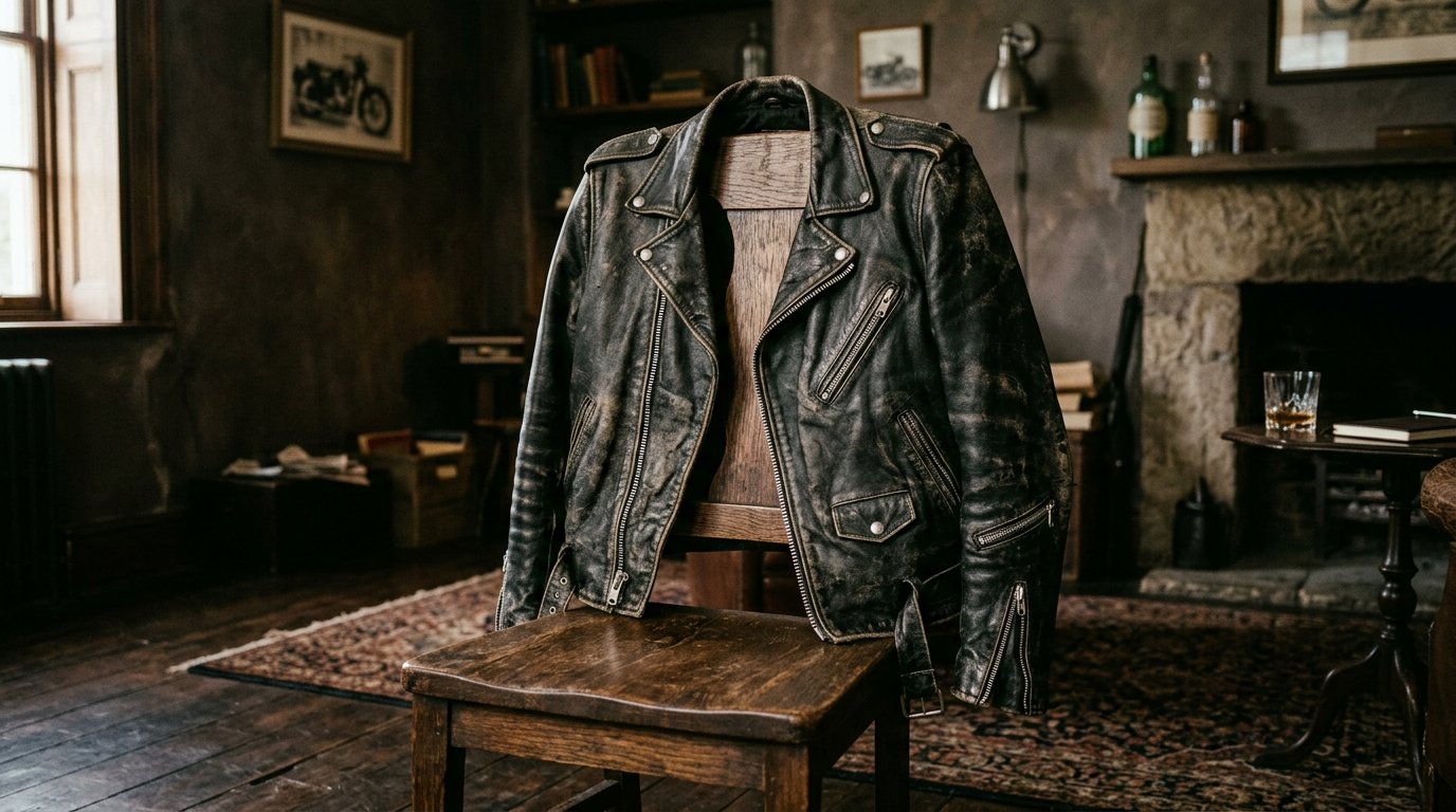 A worn black motorcycle jacket hanging on an old wooden chair inside a rustic room.