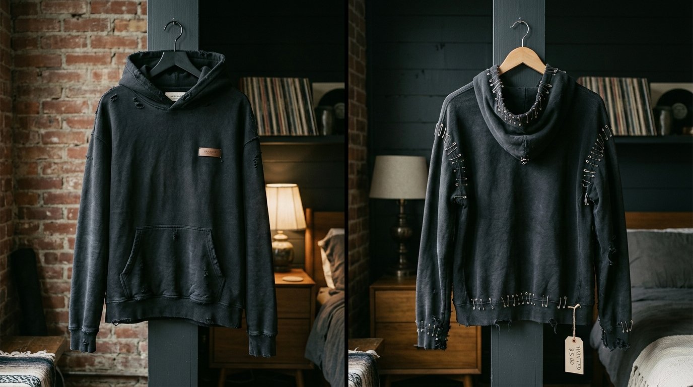A faded black sweatshirt featuring ripped detailing and metal safety pins along the seams and hood.