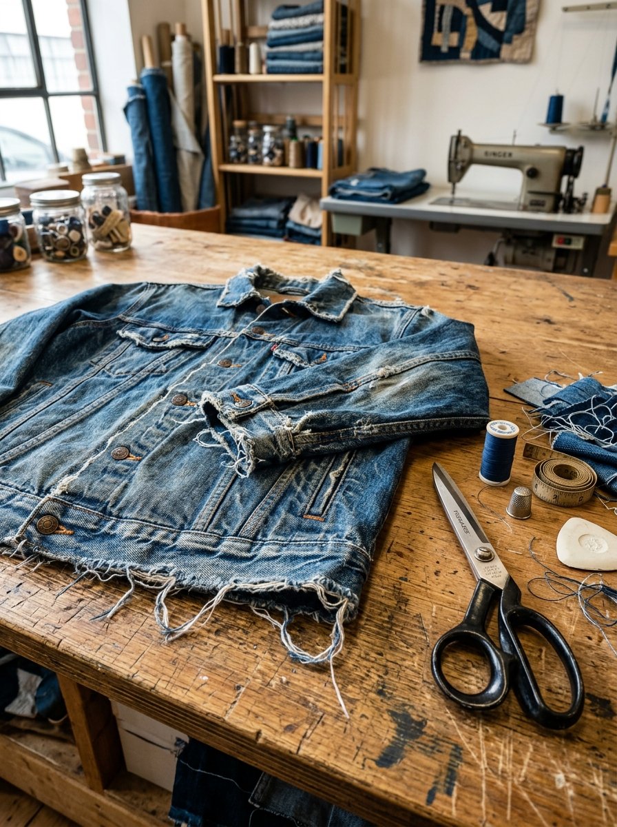 Frayed blue jean jacket with sewing scissors, thread, and measuring tape on a wooden craft table in a tailor studio.