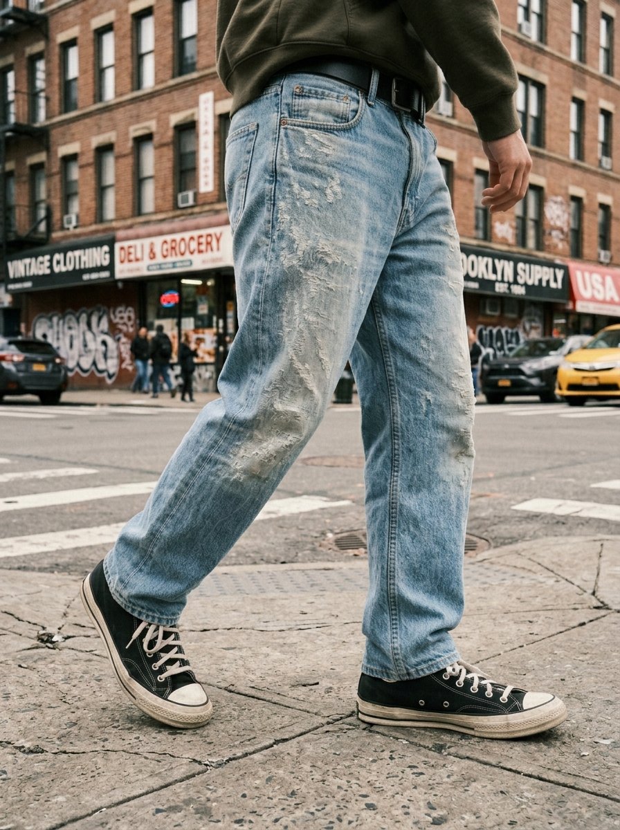 Close up of a person wearing light wash worn denim pants and black canvas sneakers on a New York city street.