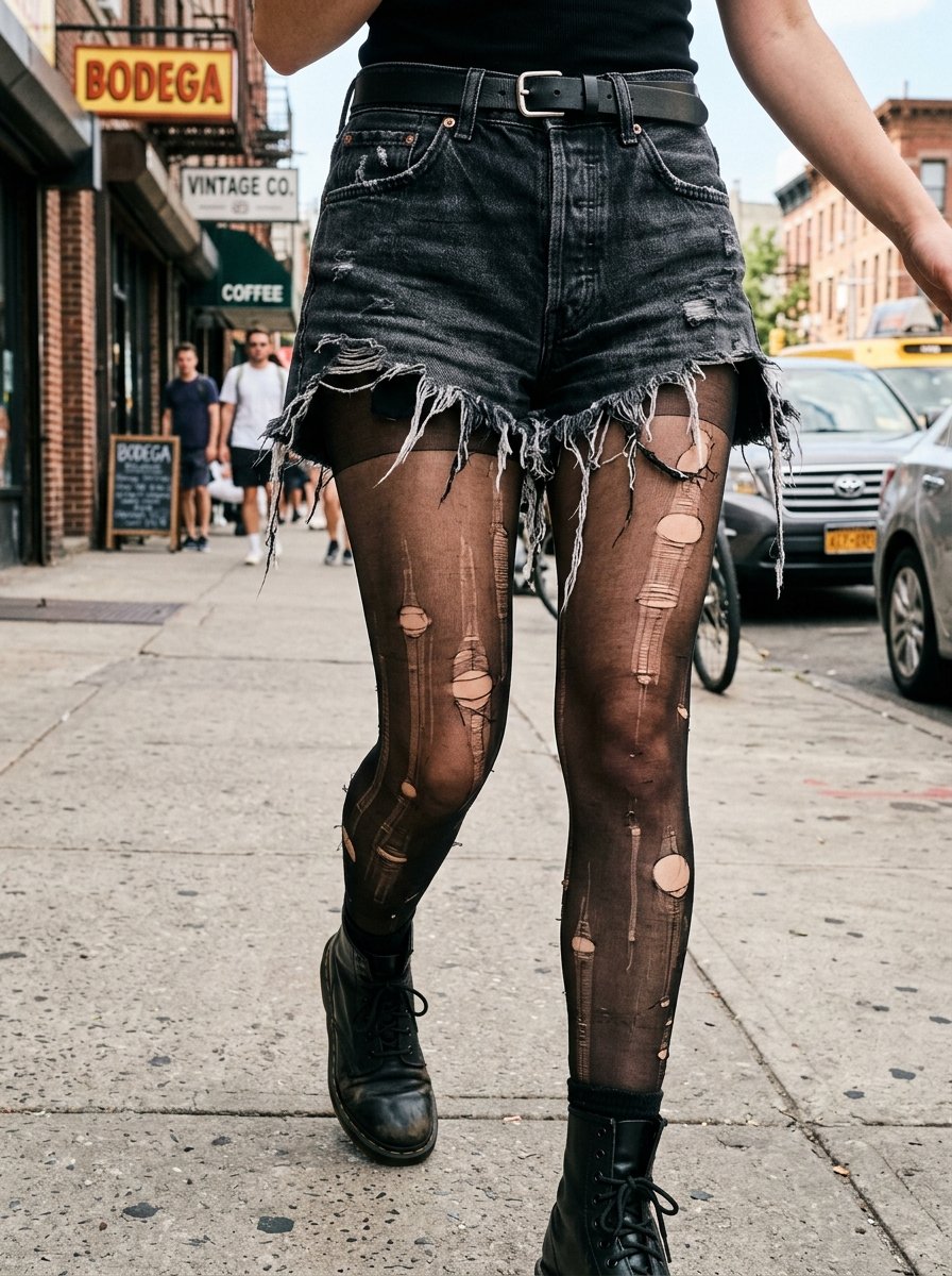 Close-up of a person wearing frayed charcoal denim shorts, torn sheer black pantyhose, and black leather combat boots.
