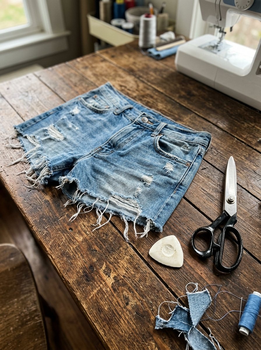 Distressed blue jean shorts resting on a wooden table next to sewing scissors and tailor chalk.