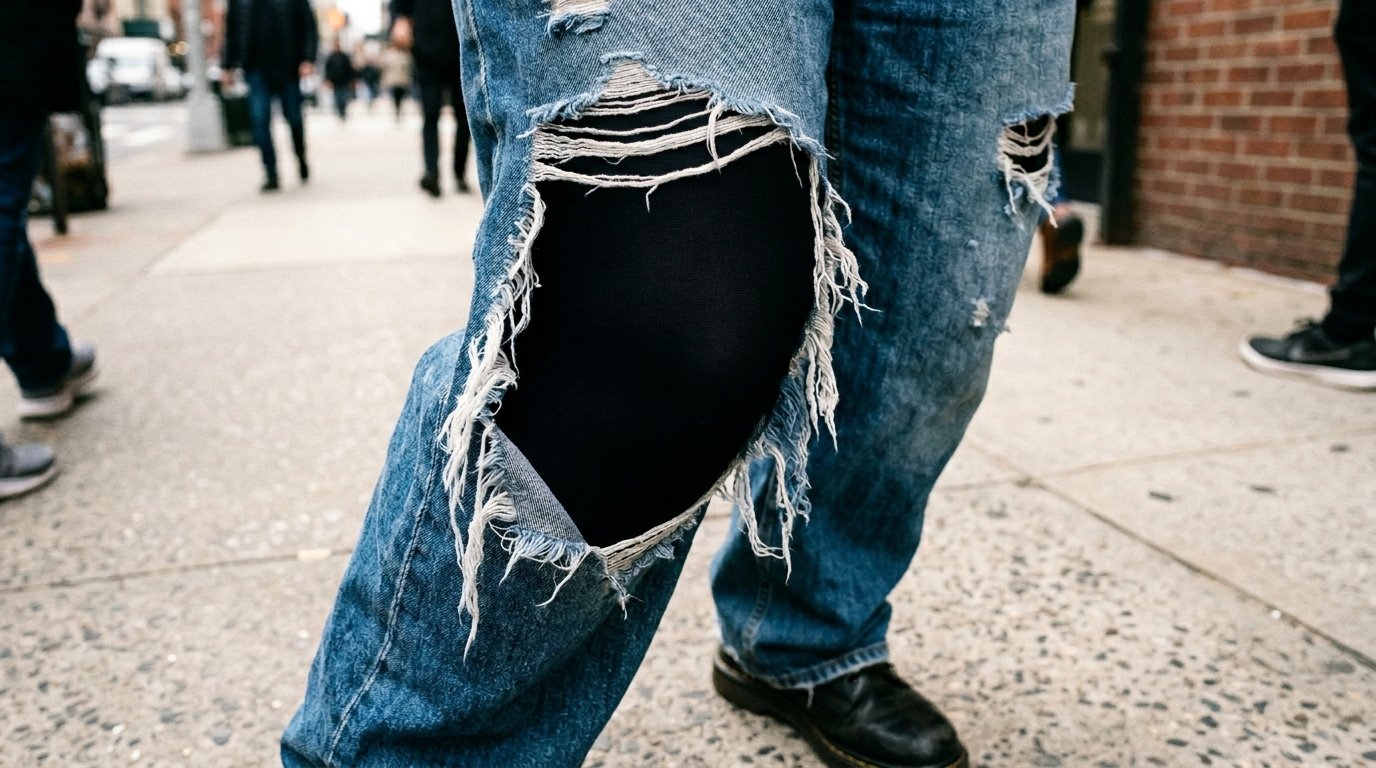 Close up of legs wearing blue denim jeans with large rips revealing black leggings underneath on a city sidewalk.
