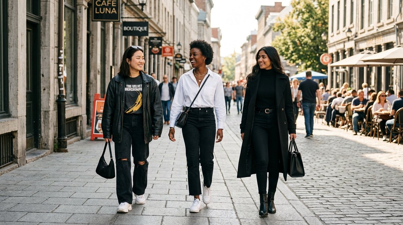 Three young women in stylish outfits walking and talking on a cobblestone street lined with outdoor cafes.