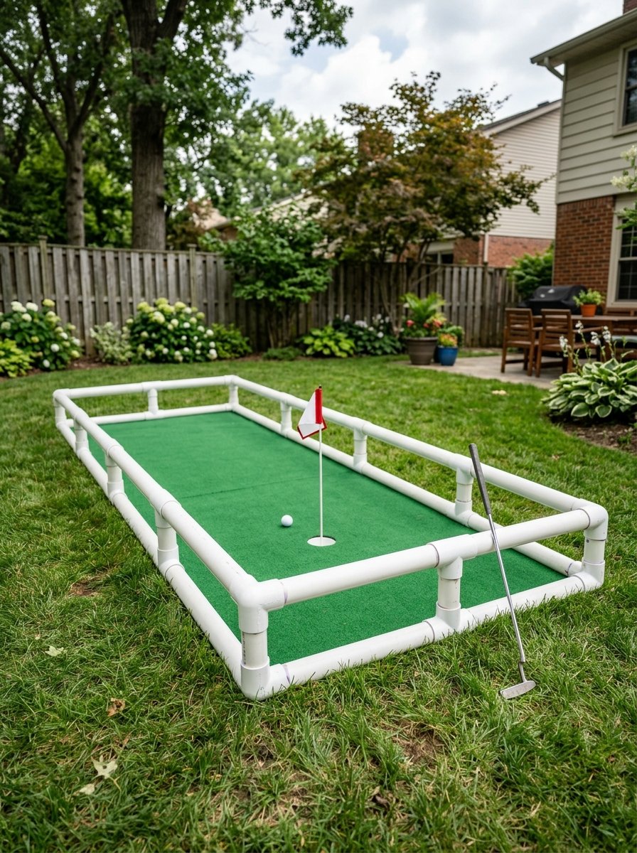 Rectangular putting green built with white PVC pipes sitting on grass with a golf club and ball nearby.