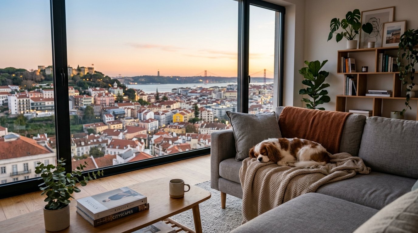 A small brown and white dog sleeps on a gray couch in a room with a panoramic view of the Lisbon cityscape at sunset.