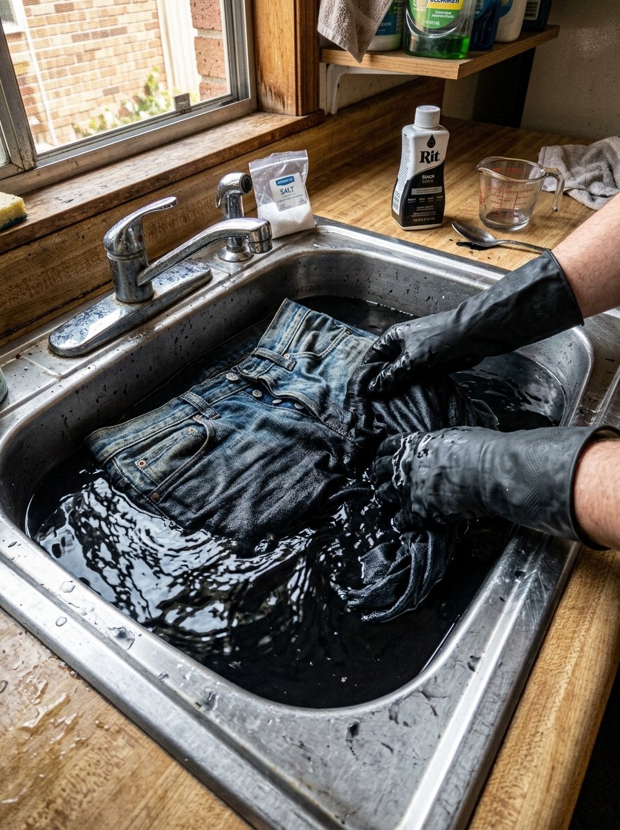 Close-up of gloved hands soaking blue jeans in a sink filled with black clothing dye and salt.
