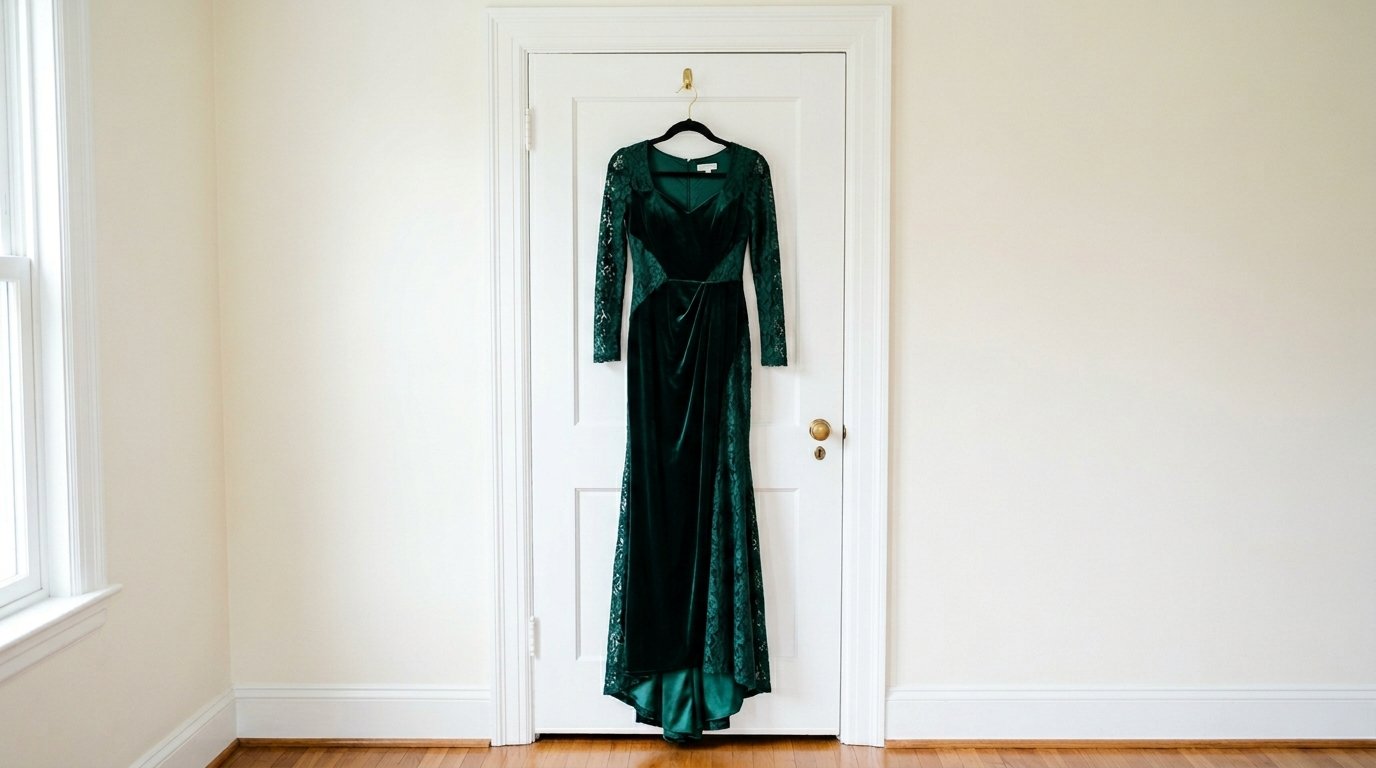 A long-sleeved forest green velvet evening dress with lace side panels hanging on a white door.