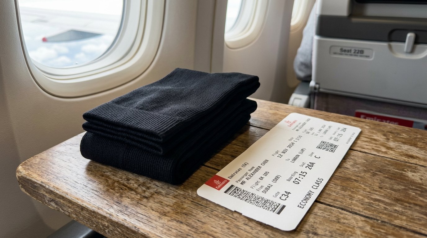 Close-up of a pair of black socks and an airplane ticket on a wooden airline tray table by a window.