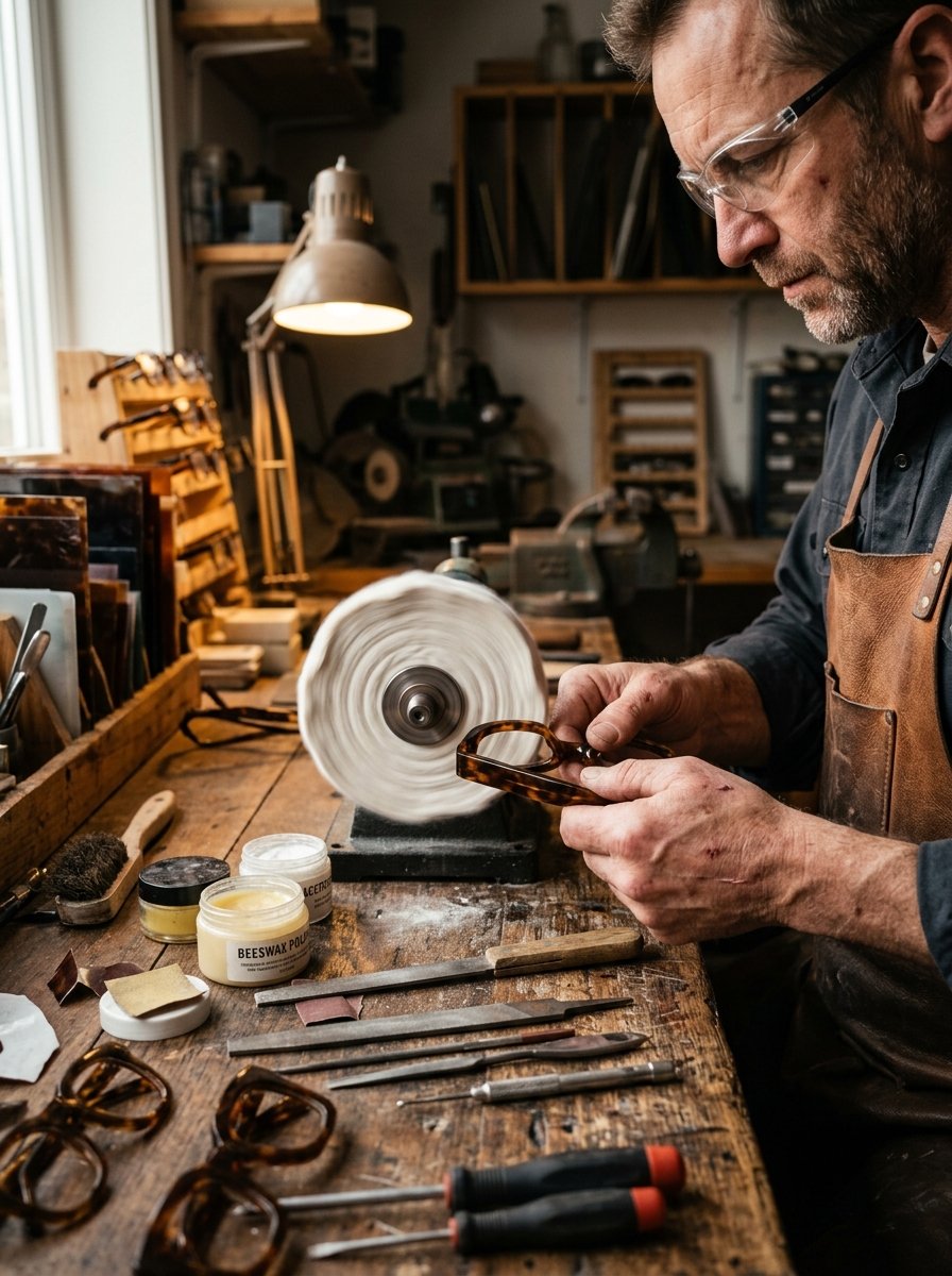 A craftsman in an apron uses a buffing wheel to refine handmade tortoiseshell spectacle frames.