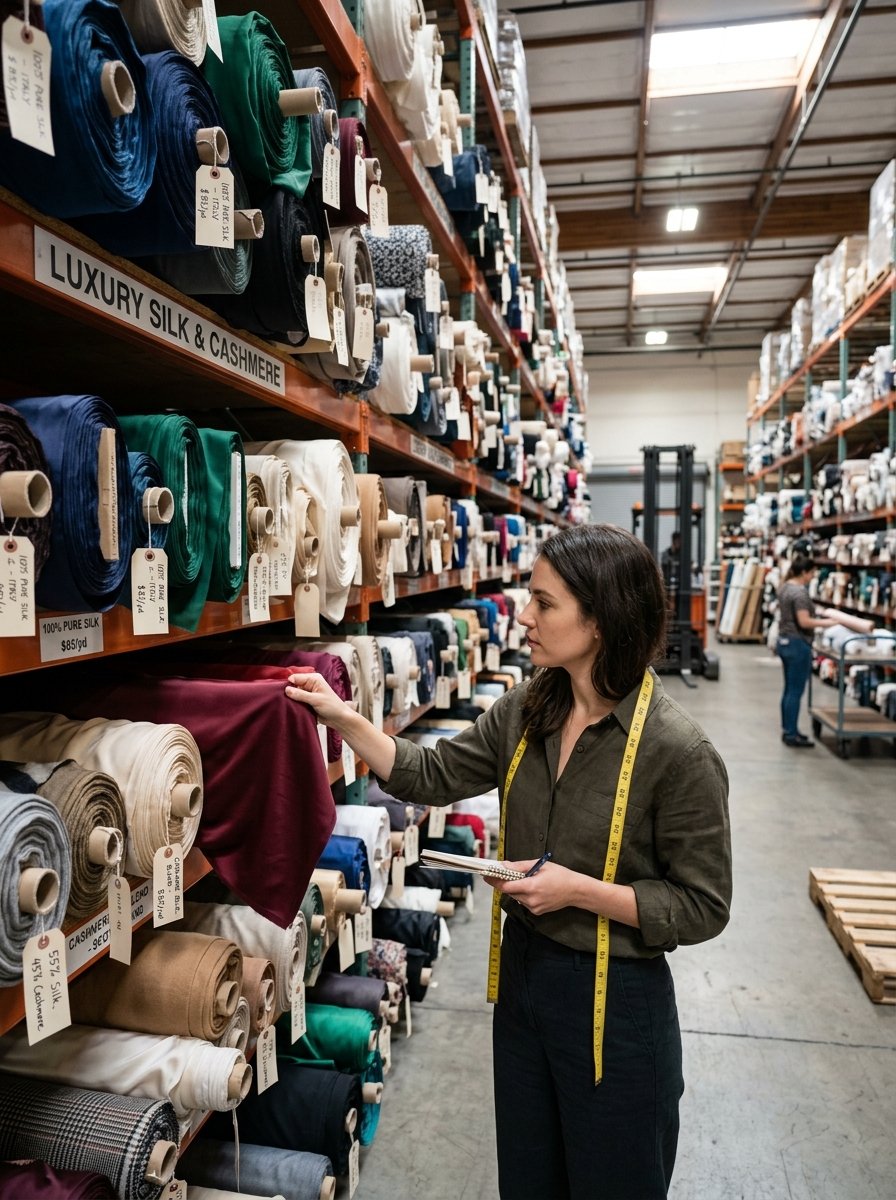 Woman with measuring tape around her neck examining a deep red fabric bolt on a warehouse shelf.