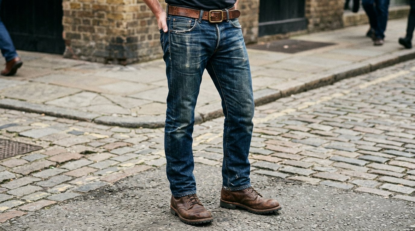 Close up of a person standing on cobblestone street in worn blue jeans and brown lace-up leather work boots.