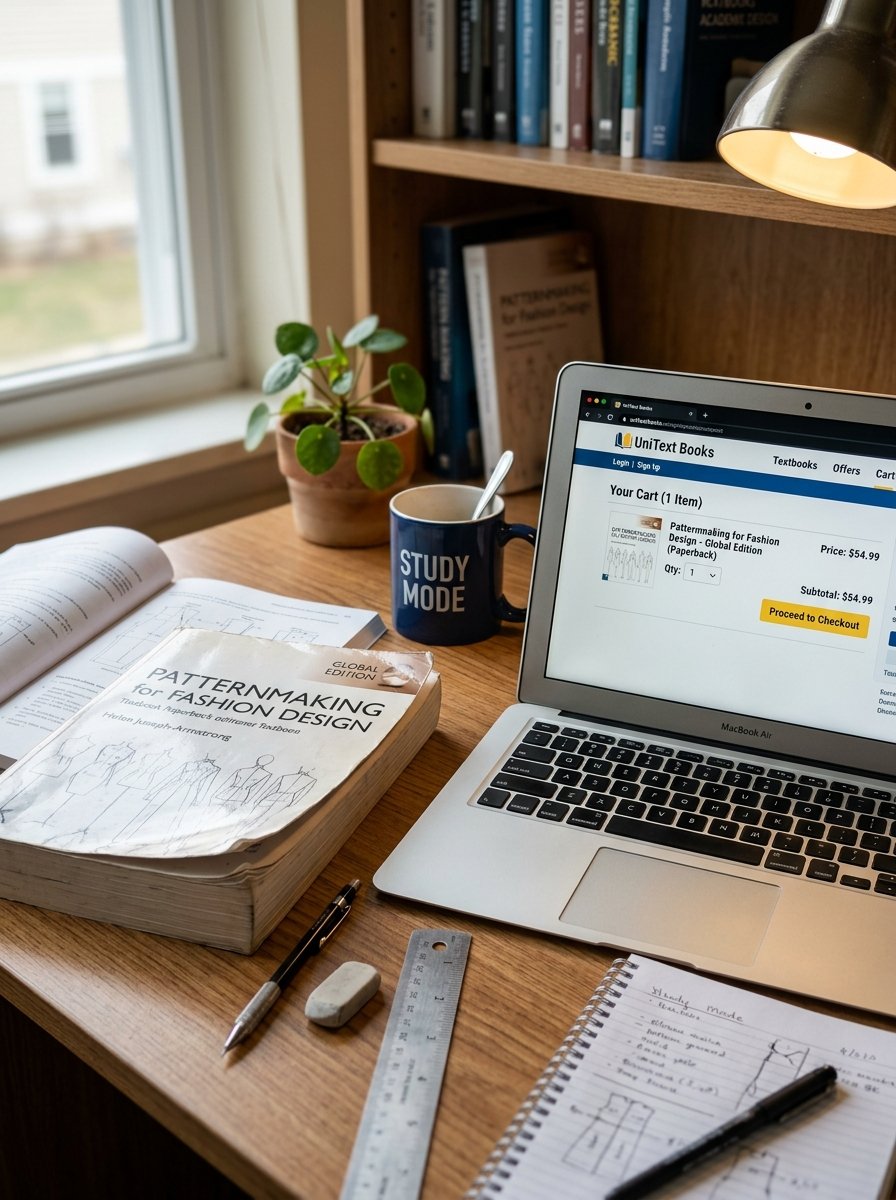 Laptop displaying a textbook shopping cart on a wooden desk with design books, a ruler, and notes.