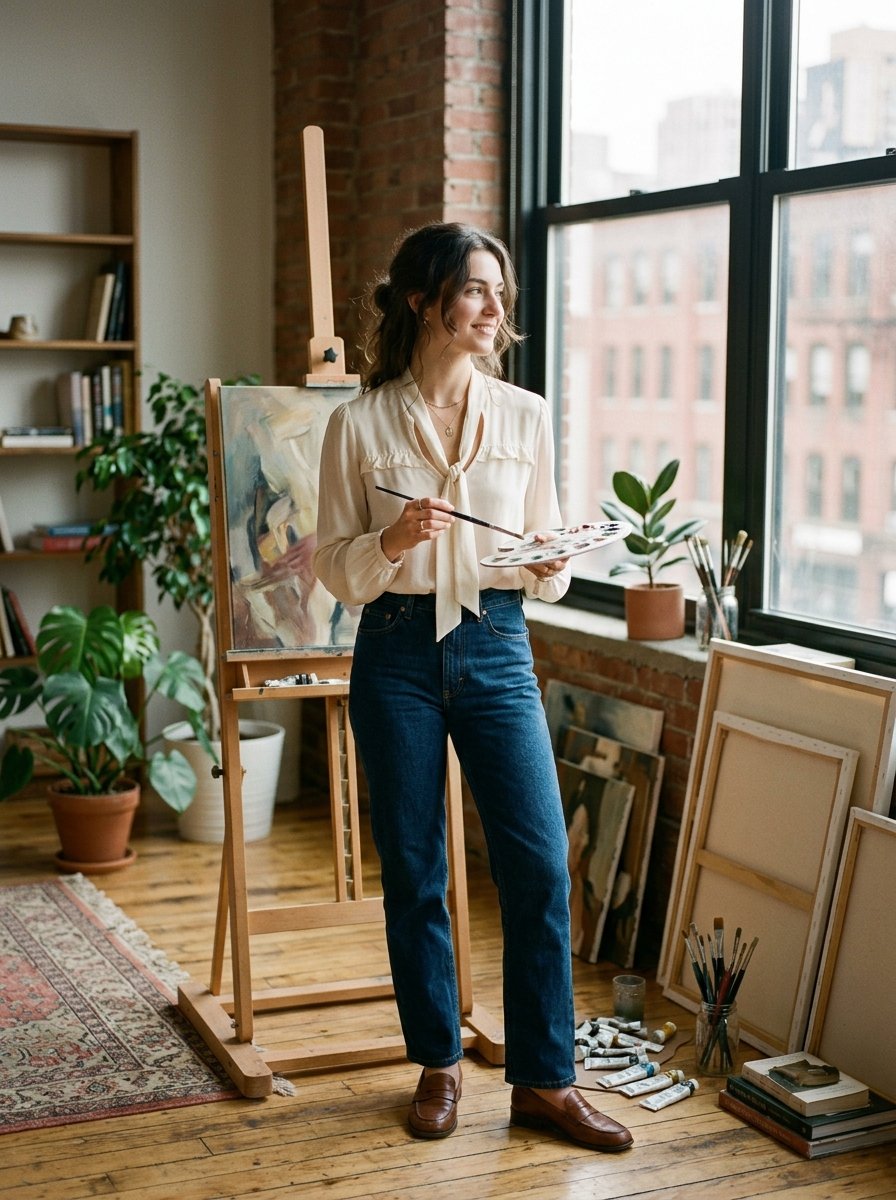 Young female artist standing in a sunlit loft studio with canvases, paintbrushes, and potted plants.
