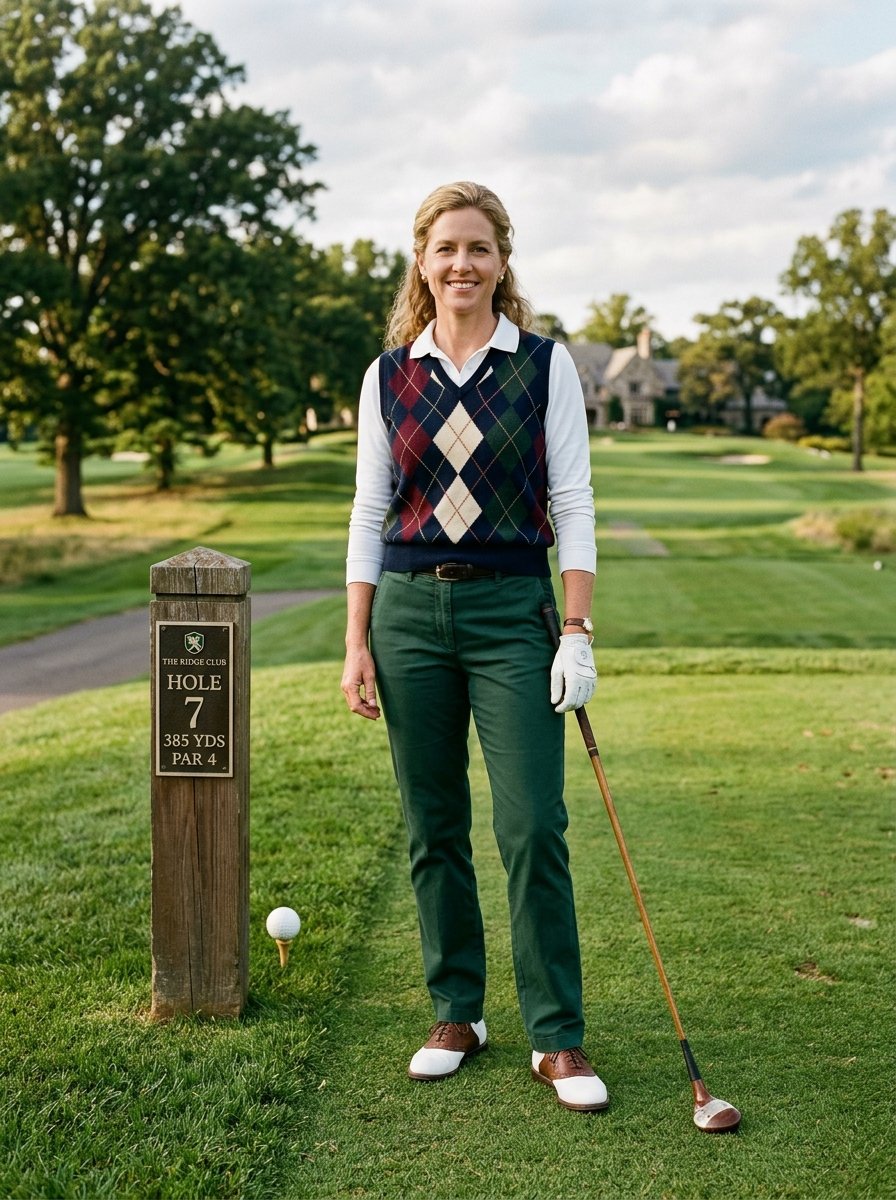 Golfer in an argyle vest and green pants standing next to a wooden course marker on a sunny day.