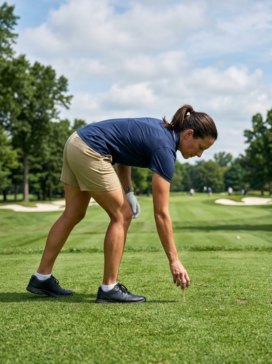 A woman in a blue polo and khaki shorts sets a golf ball on a wooden tee on a sunny fairway.