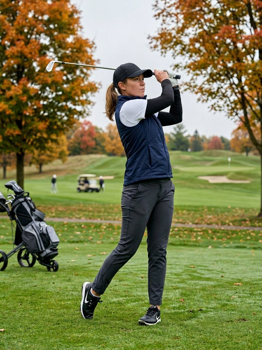 Golfer in navy vest and dark trousers completes a golf swing with trees showing autumn foliage in the background.