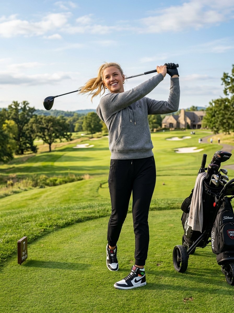 Young blonde woman in a grey hoodie swinging a golf club on a green course with a bag nearby.