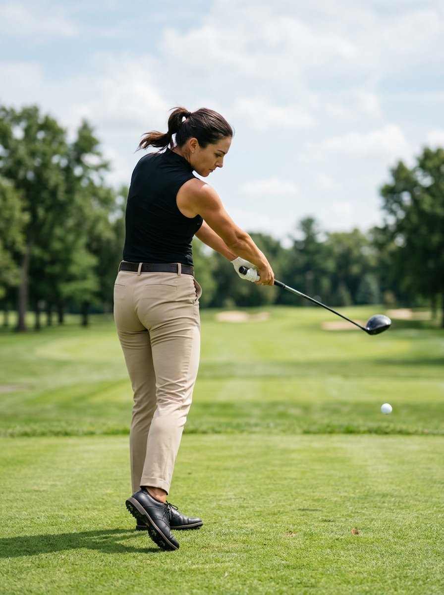 A female golfer wearing khaki pants swings her club to hit a golf ball on a green course.