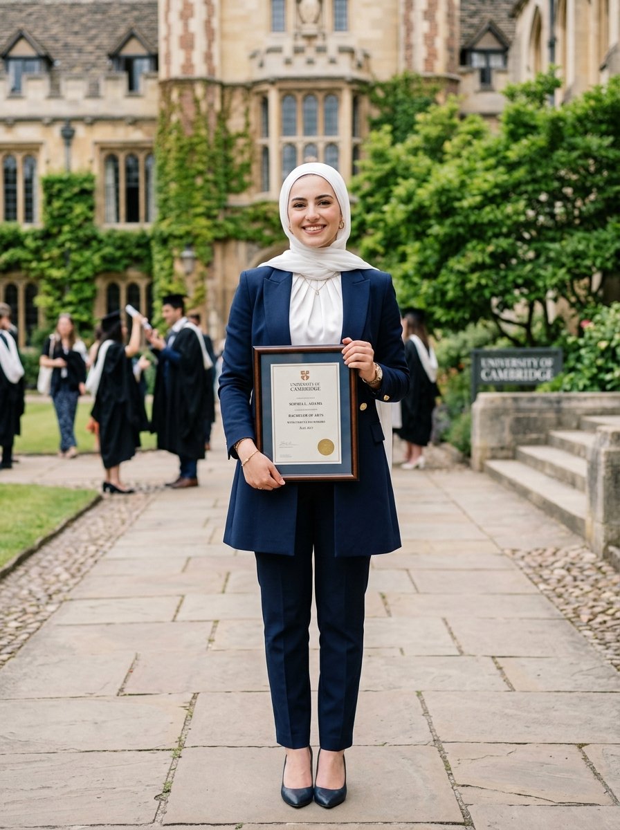 Woman in hijab and navy suit holding a framed University of Cambridge diploma on a stone campus walkway.
