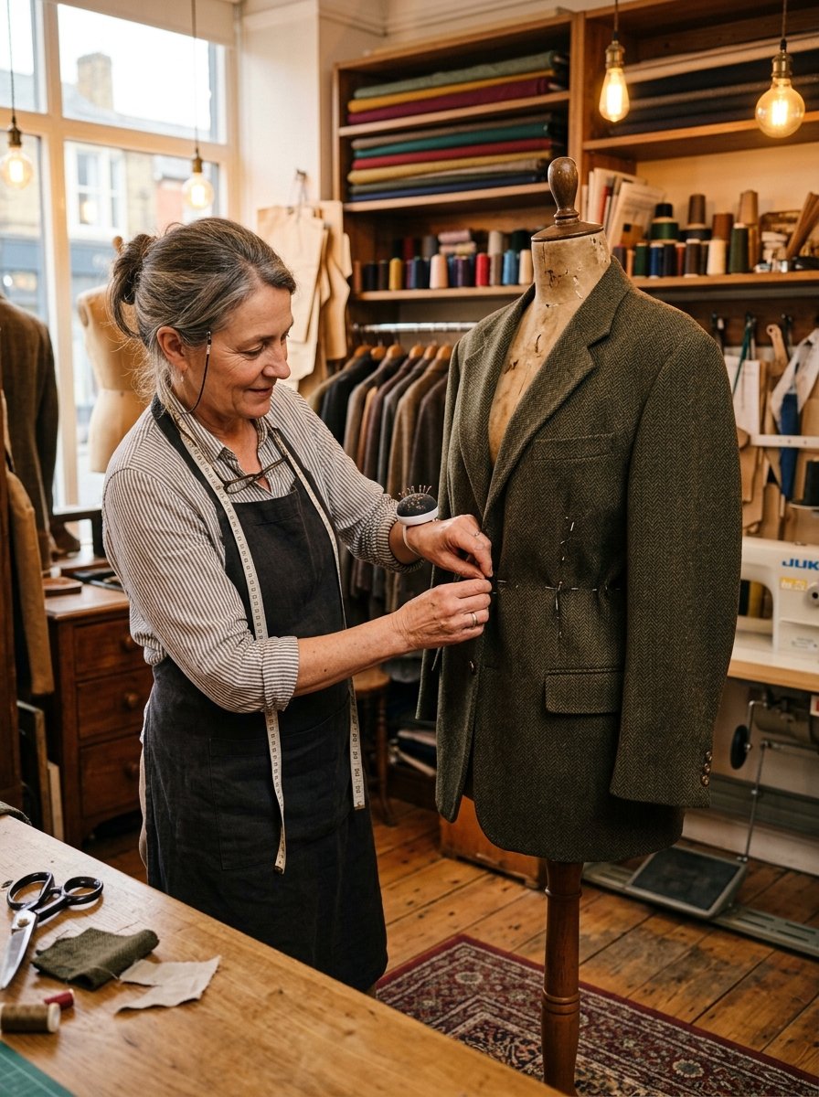 An experienced woman tailoring a tweed blazer on a dress form in a sunlit workshop.