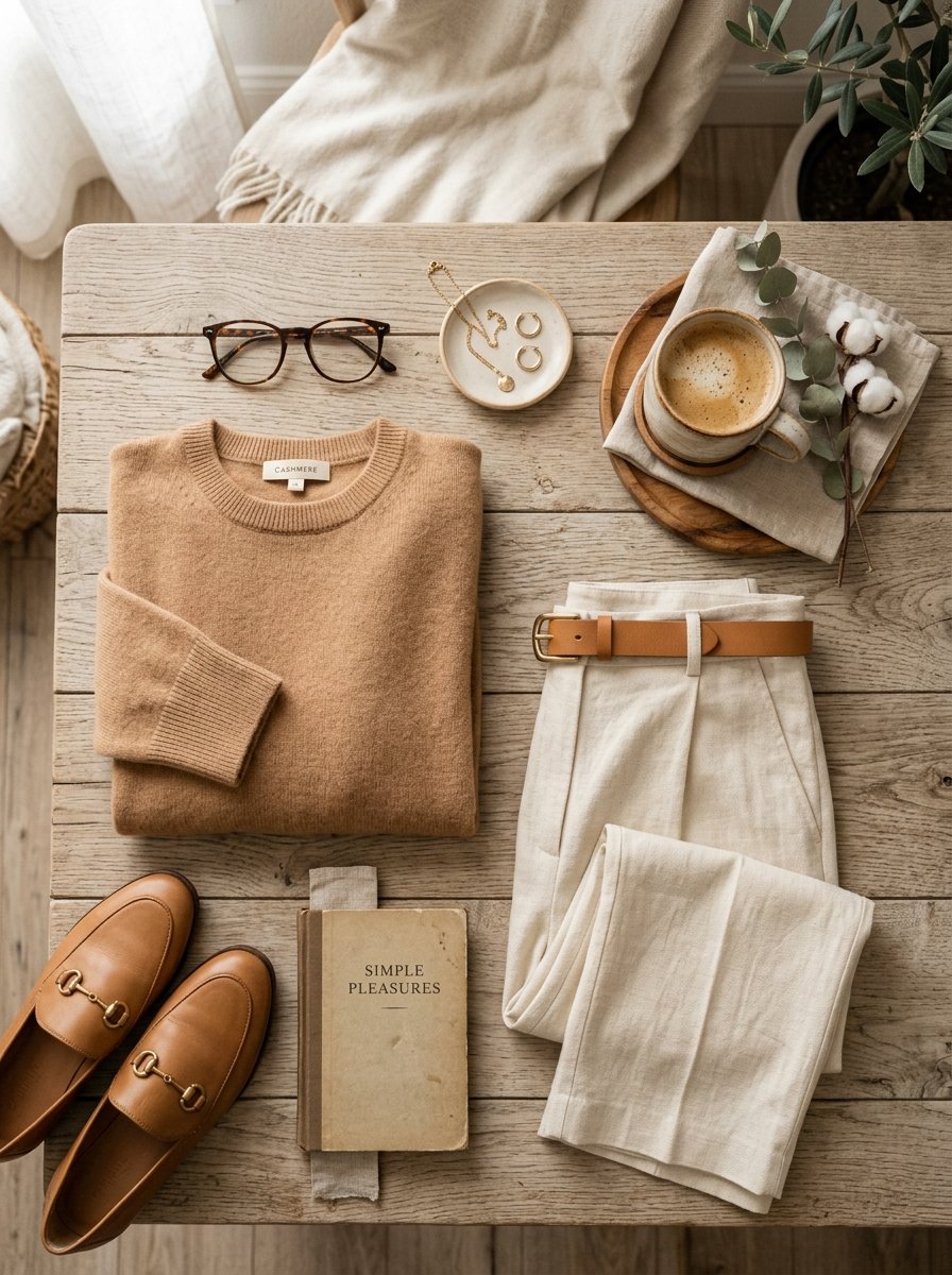 Top-down view of tan sweater, white pants, loafers, coffee, and a book on a rustic wooden table.