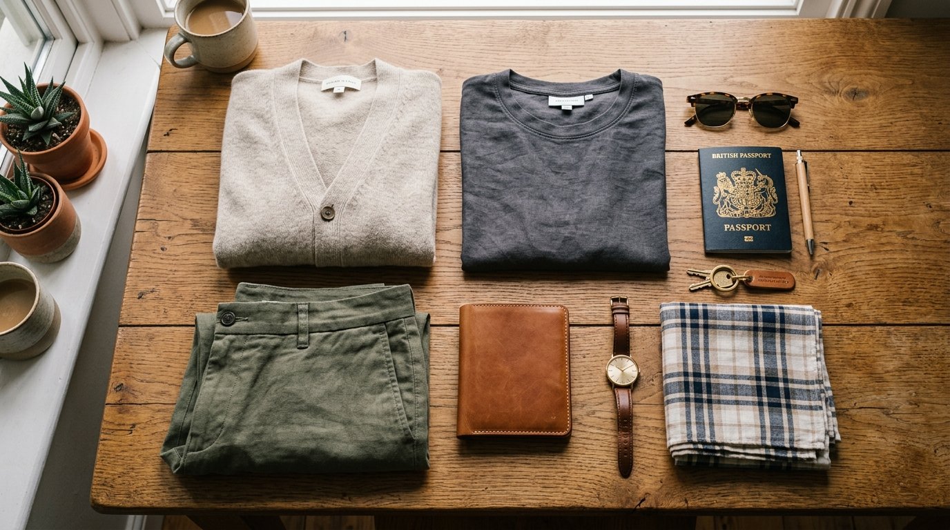 A knit cardigan, grey t-shirt, olive pants, British passport, watch, and accessories laid out on a wooden table.