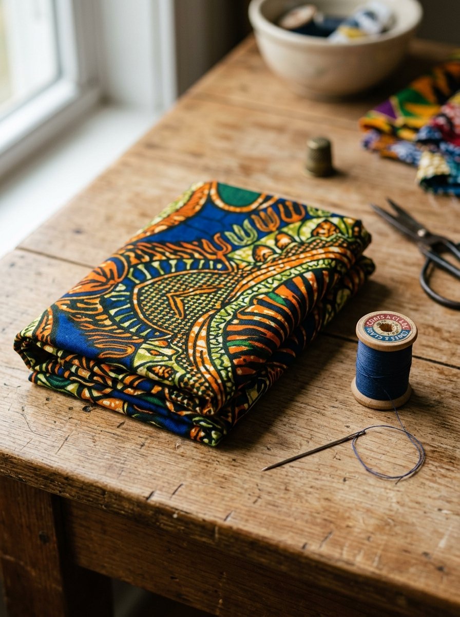 Folded colorful African wax fabric sitting on a rustic wooden desk with a thread spool, needle, and scissors.