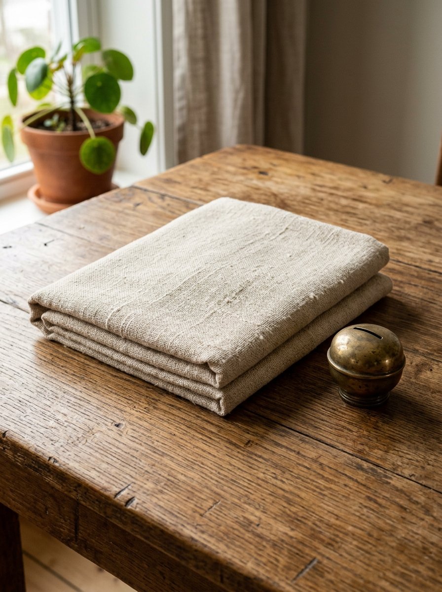 Folded beige fabric sits next to a vintage brass bowl on a dark wood table with a potted plant in the background.