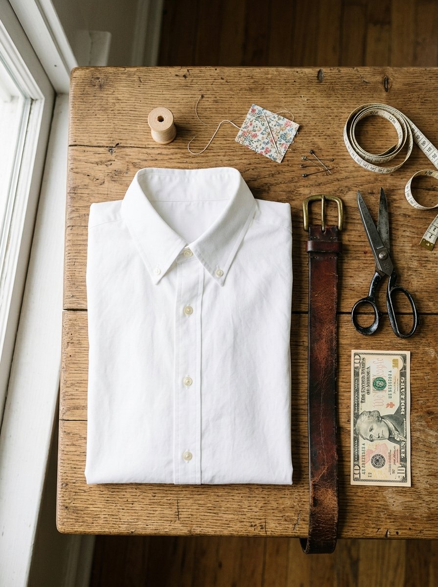 Folded white dress shirt next to a leather belt, scissors, measuring tape, and a ten dollar bill.