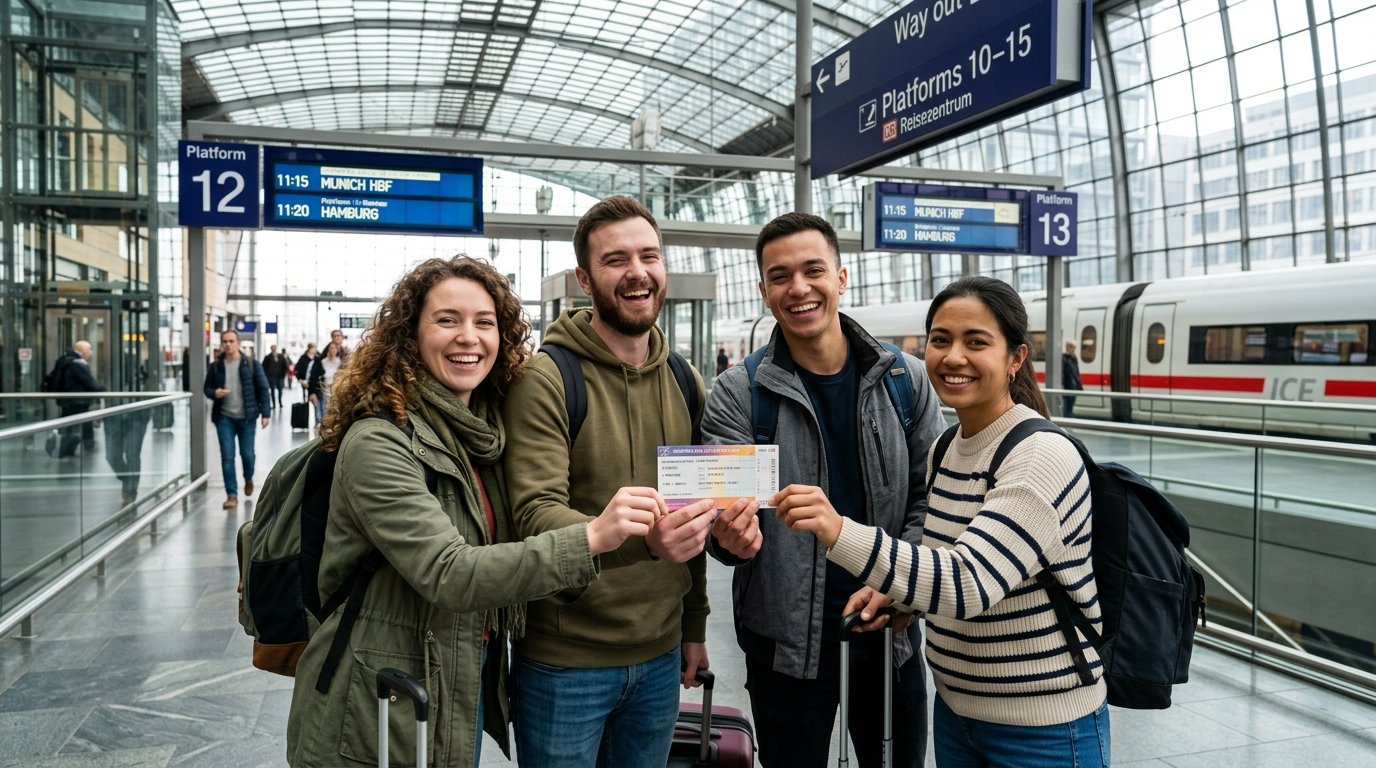 Four diverse young adults smiling while holding a travel ticket inside a modern train terminal.
