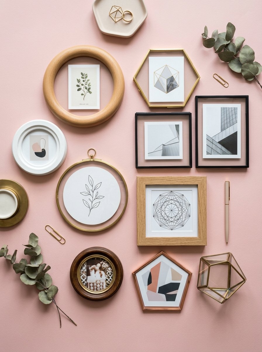 Collection of various wall frames with abstract art and leaves arranged on a soft pink background.