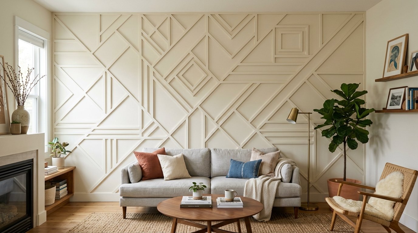 Modern living room with a beige wall featuring intricate geometric molding patterns behind a light grey sofa.