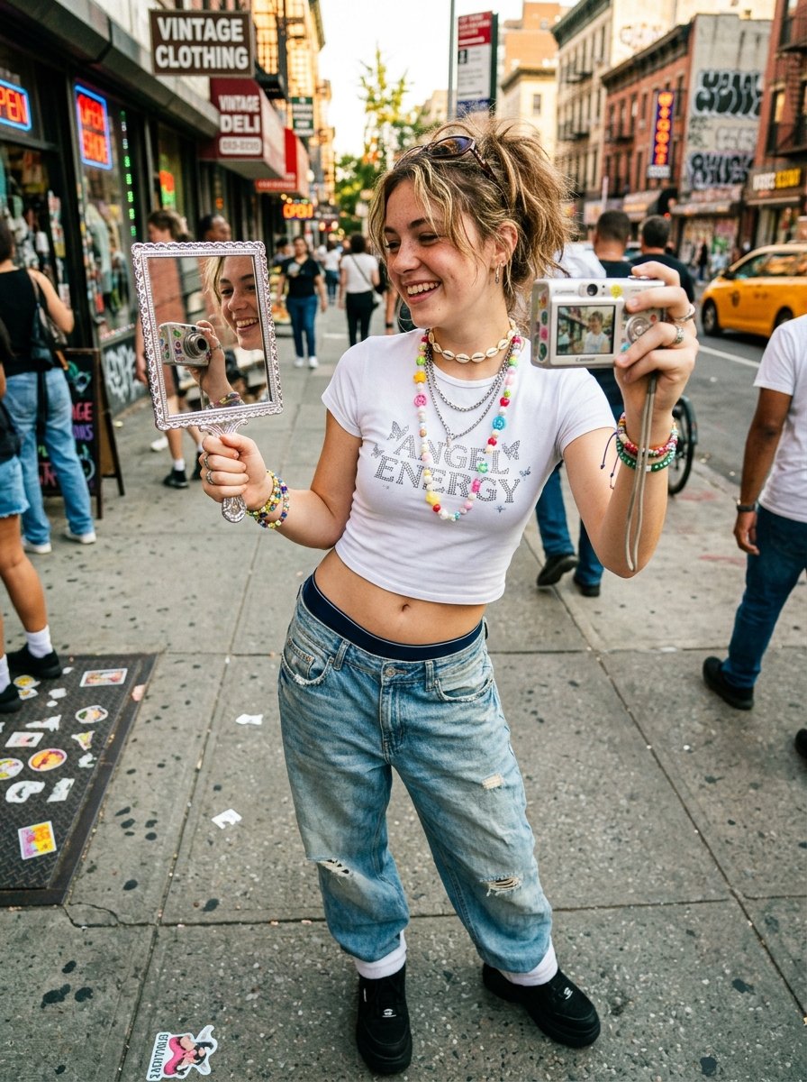 A smiling teenager in a white crop top holding a small silver mirror and a point-and-shoot camera on a busy sidewalk.