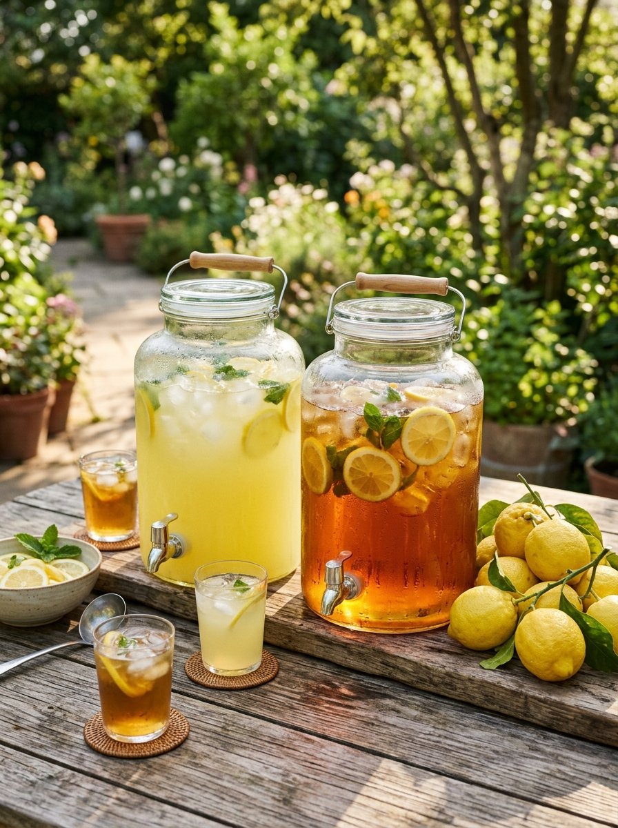 Two large glass drink dispensers with lemons and mint, surrounded by fresh whole lemons on a weathered wooden table.