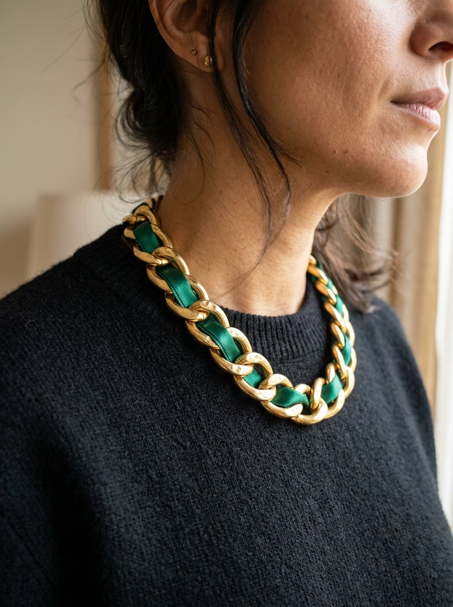 Close-up of a person in a black sweater wearing a thick gold chain necklace detailed with emerald green fabric.