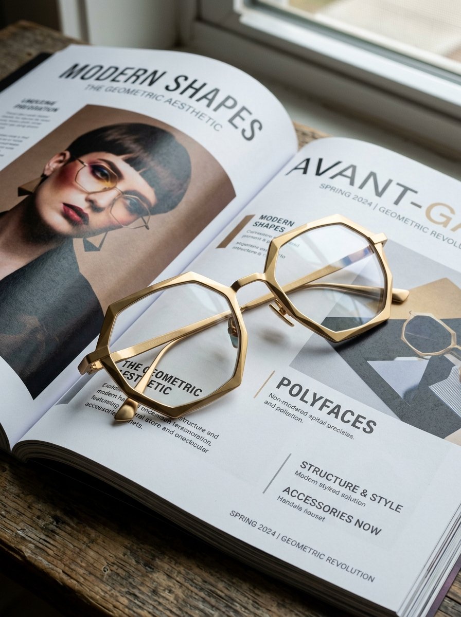 Close up of gold geometric glasses placed over an open magazine page featuring eyewear trends.