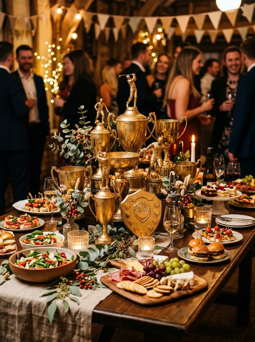Wooden dinner table filled with vintage gold trophies, fresh salads, and snack platters at an evening event.