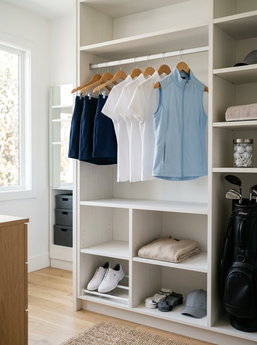 A wooden closet shelf holding hanging golf shirts, a blue vest, a golf bag, shoes, and folded accessories.