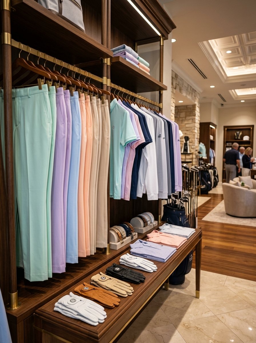 Golf shop display featuring pastel colored pants, shirts, and leather gloves on shelves.