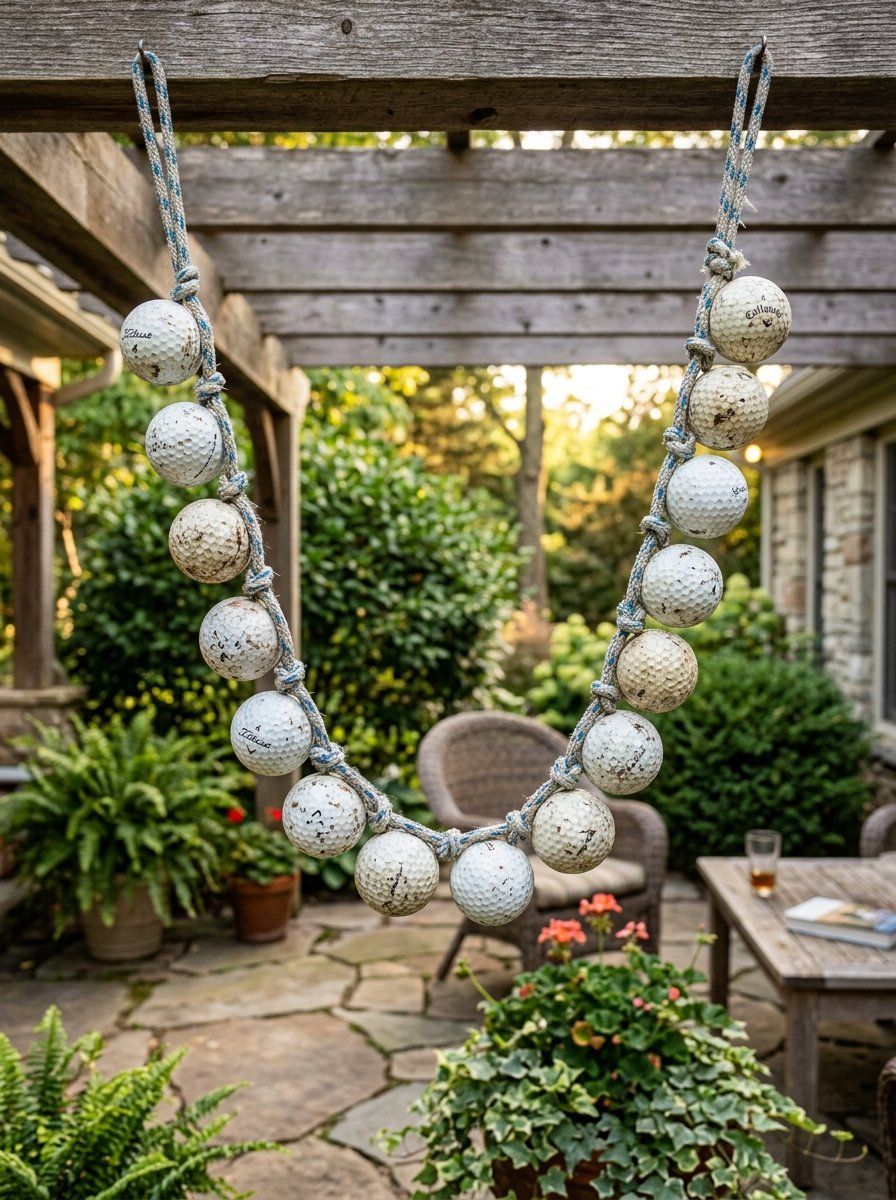A string of old golf balls tied to a rope hanging from a wooden garden beam in a backyard patio setting.