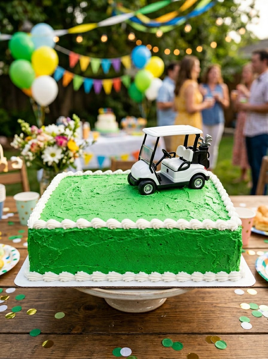 Square cake frosted with green grass icing topped with a toy golf cart at an outdoor party.