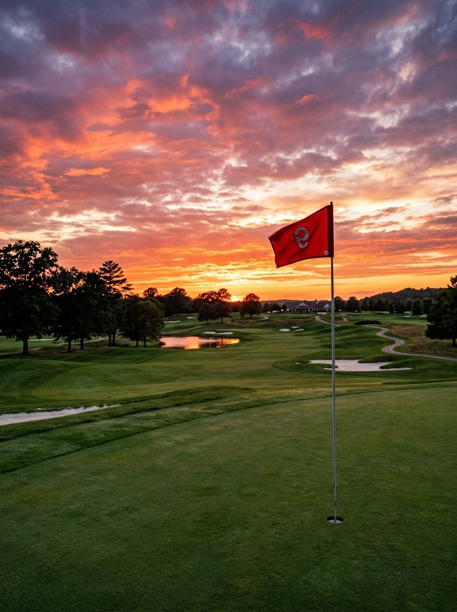 Looking down the fairway at a golf course towards a red number nine flag under a dramatic orange and purple sky.