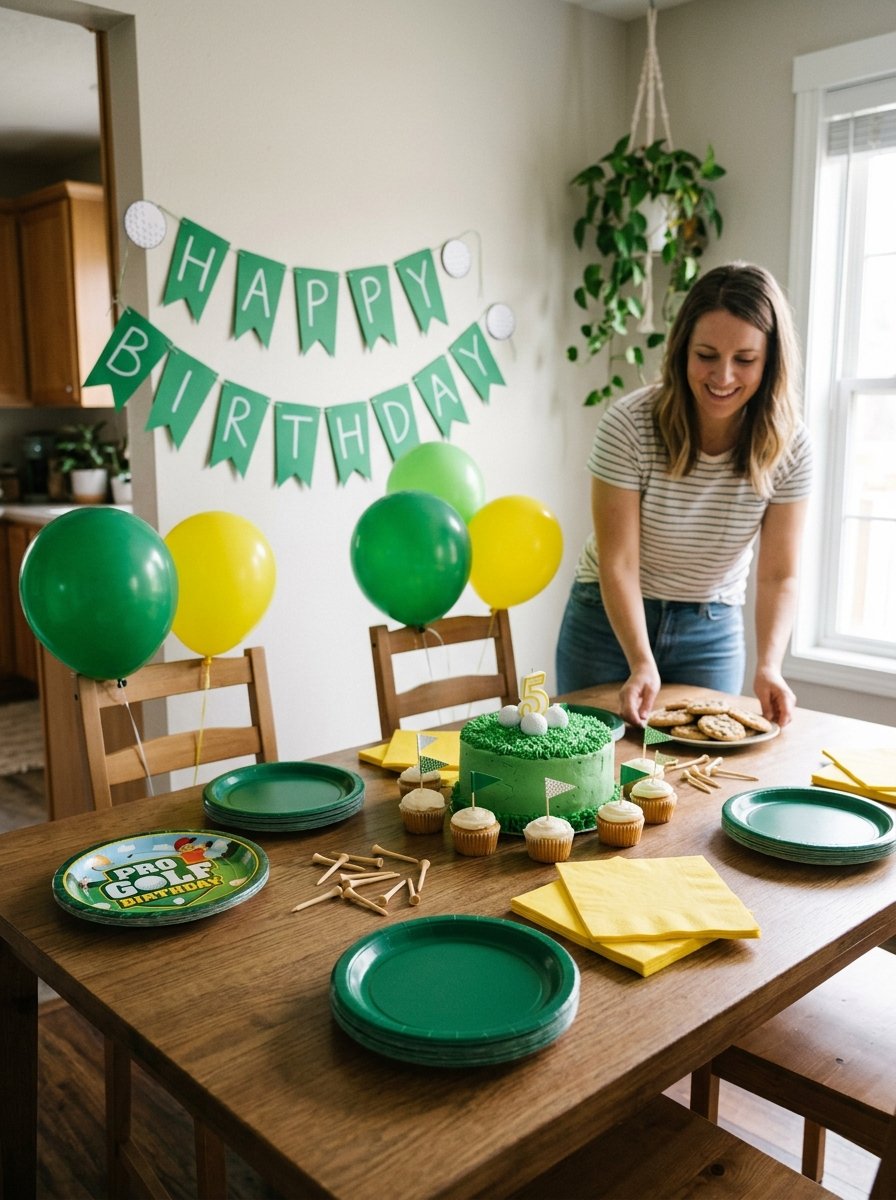 Woman setting up a dining table decorated for a golf-themed birthday party with balloons, cake, and themed plates.