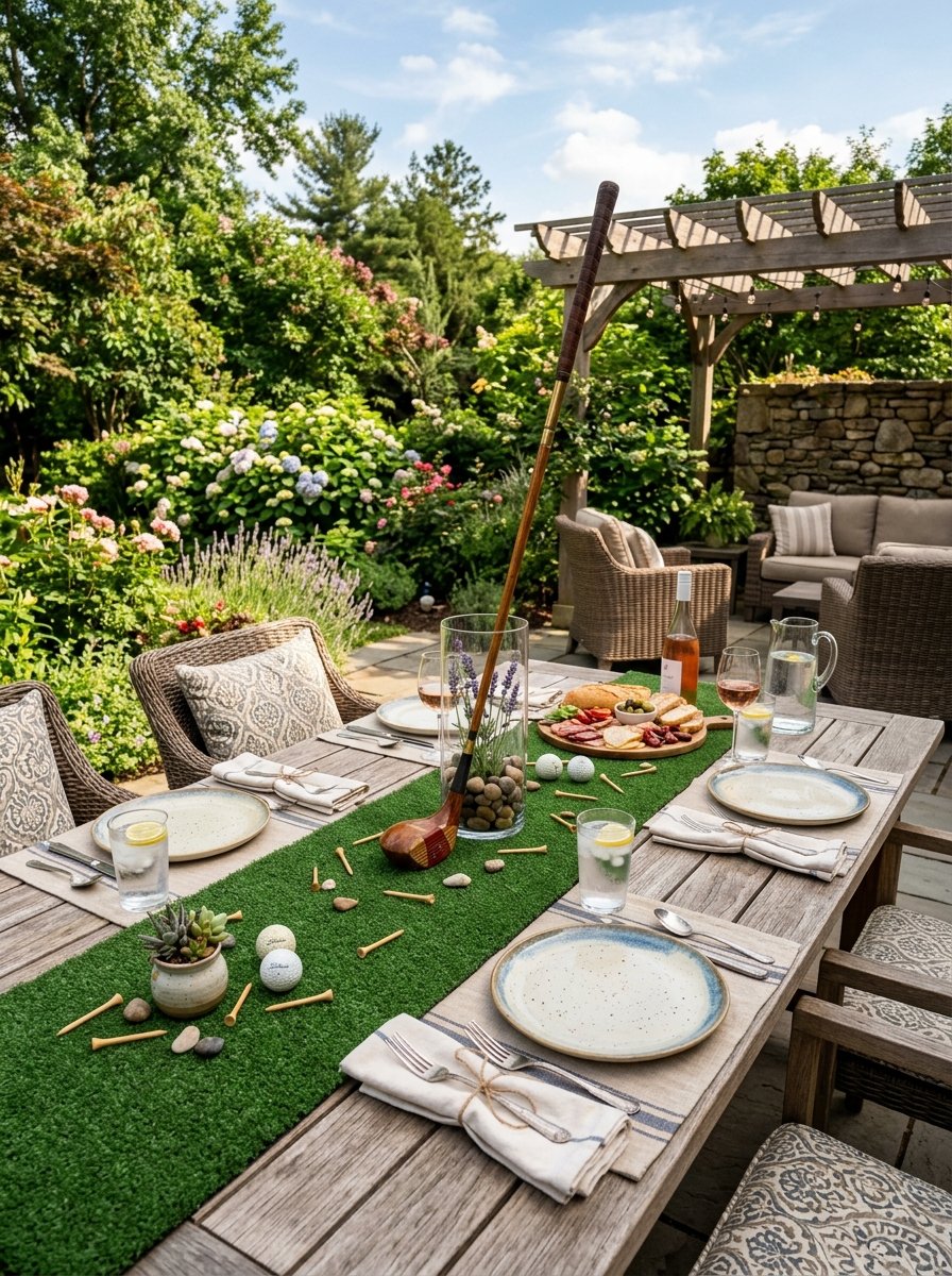 An outdoor dining table featuring a synthetic grass runner, golf tees, and a vintage club in a glass vase.