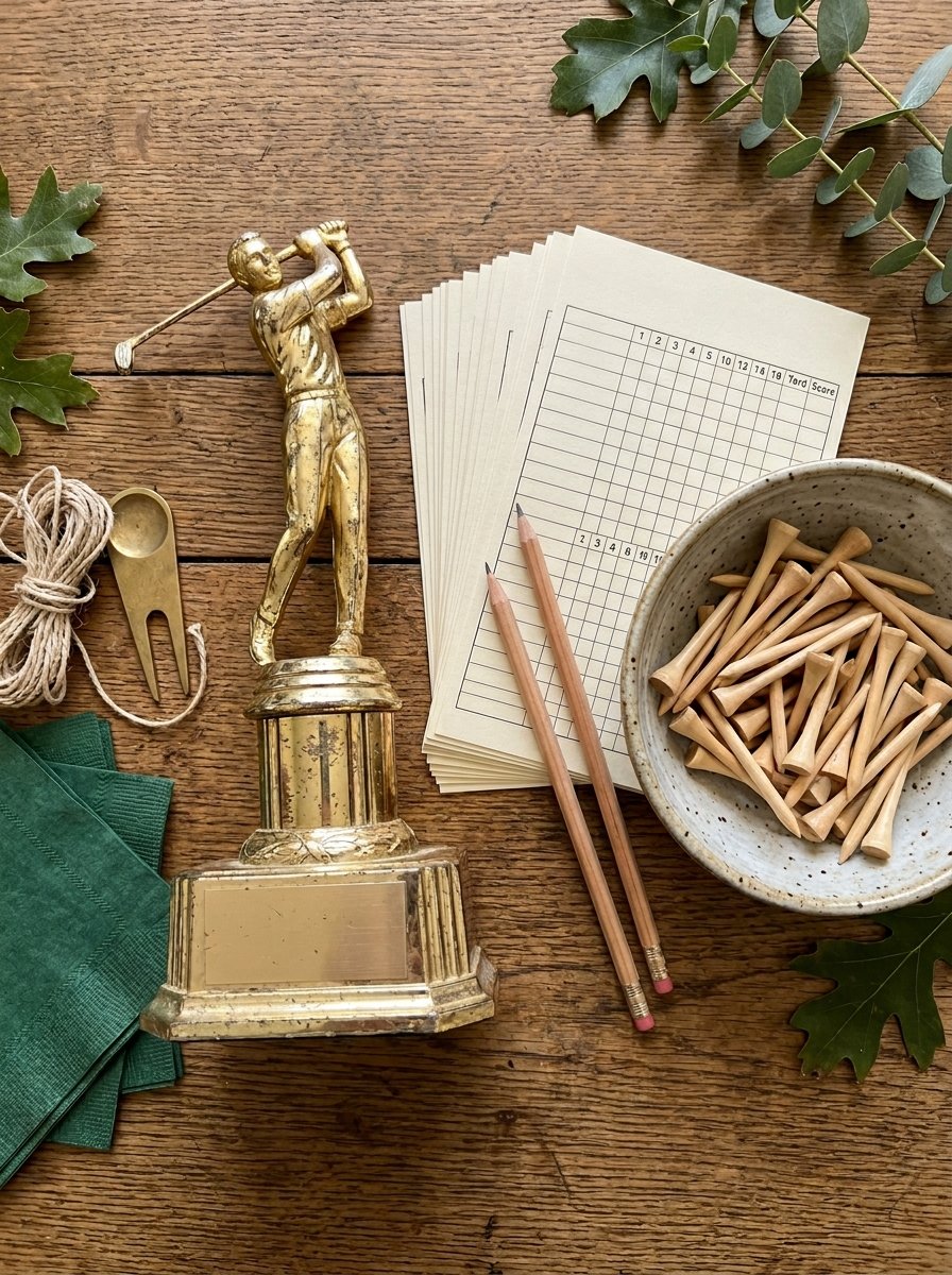 A vintage gold golf trophy, stack of blank scorecards, two pencils, and a bowl of wooden tees on a rustic table.